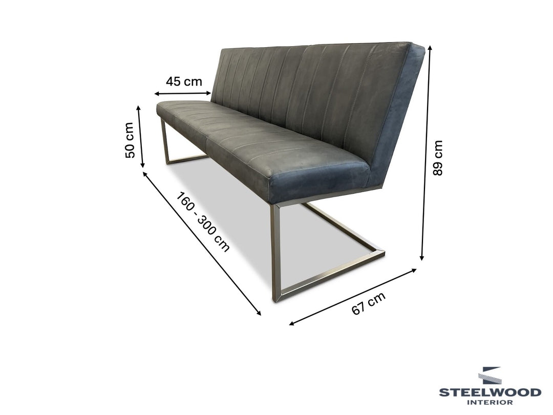 Das Bild zeigt die Abmessungen einer Lederbank - Posterbank aus grauem Leder von Steelwood Interior 