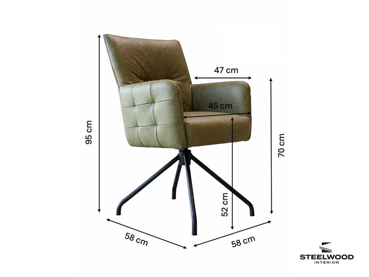 Esszimmerstuhl Leder Hochlehner drehbar HR119D – grafische Darstellung der Abmessungen mit eingezeichneten Maßen zu Gesamthöhe, Breite, Tiefe, Sitzhöhe und Sitztiefe; übersichtliche Maßskizze zur Veranschaulichung der Proportionen des drehbaren Leder-Hochlehners.