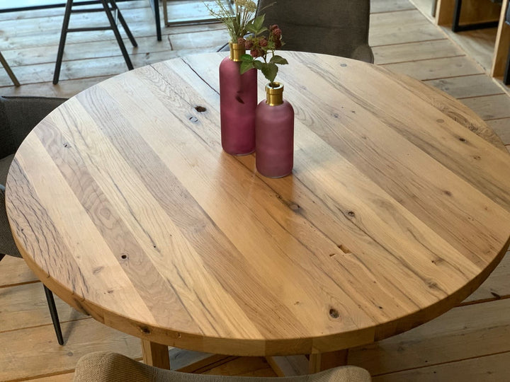 Ansicht Tischplatte Holztisch Rund Altholz Eiche 
