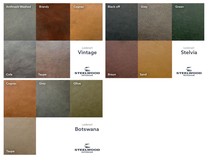 Das Bild zeigt die Lederarten und Lederfarben für Steelwood Interior Möbel: Vintage Leder Anthrazit Washed Brandy Cognac Cole Taupe Stelvia Leder Black off Grey Green Braun Sand Botswana Leder Cognac Grey Olive Taupe Damit hast du eine große Auswahl an natürlichen, warmen und auch modernen Farbtönen. Diese Palette lässt sich ideal mit den vorher gezeigten Gestellfarben und Holzoberflächen kombinieren.