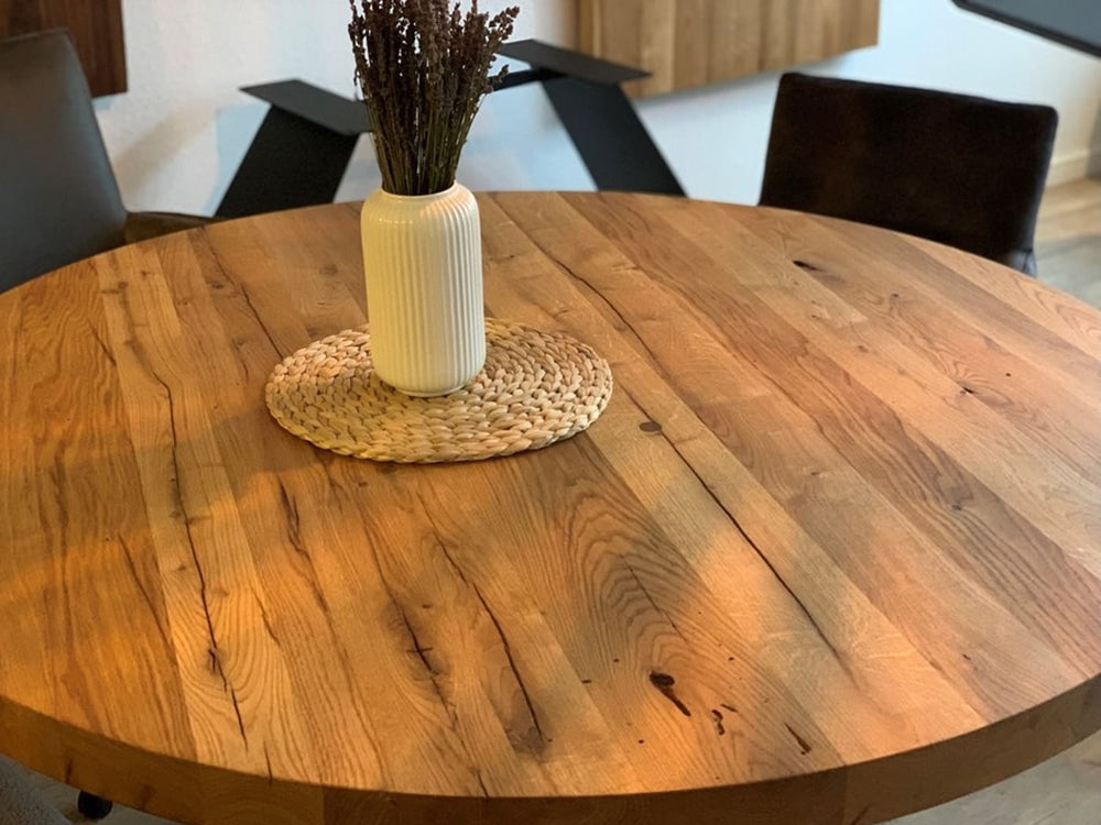 Ansicht Tischplatte Runder Holztisch Eiche Altholz